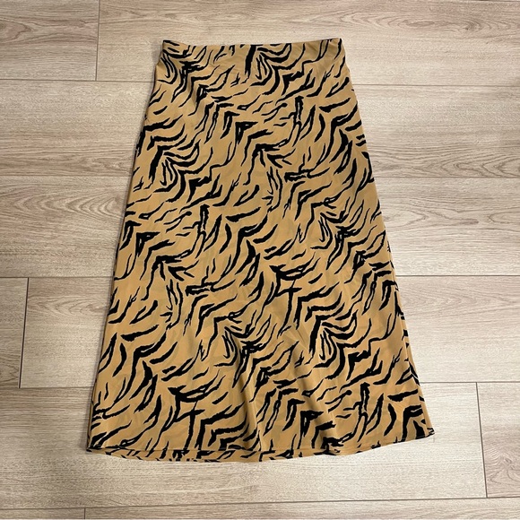 Madewell Orange Tan Black Silk Midi Slip Skirt Tiger Stripe Size 6 - Picture 3 of 5
